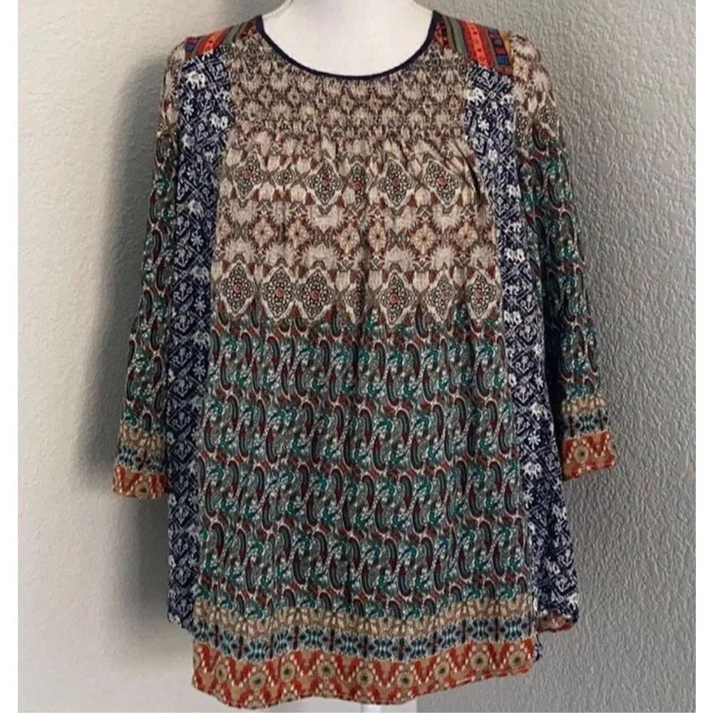 Flying Tomato HoBo Boho Style Smocked Geometric Paisley Blouse Size Small